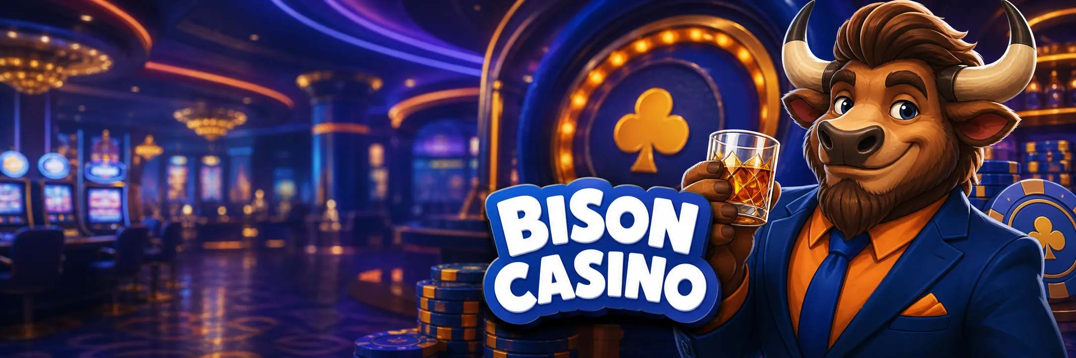 Bison Casino promotional banner featuring cartoon bison in stylish casino environment with logo on the right.