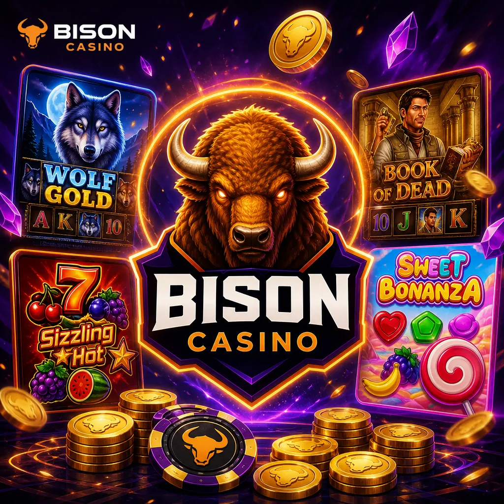 Bison Casino promo image with logo, brand colors, and slot elements