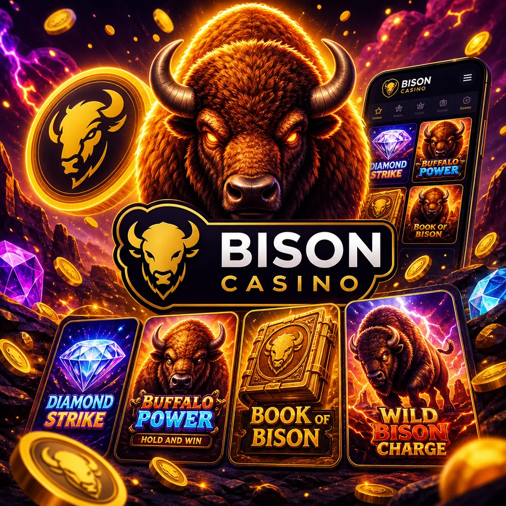 Bison Casino promo image featuring official logo, vibrant colors, and slot-themed elements like bison and casino chips.